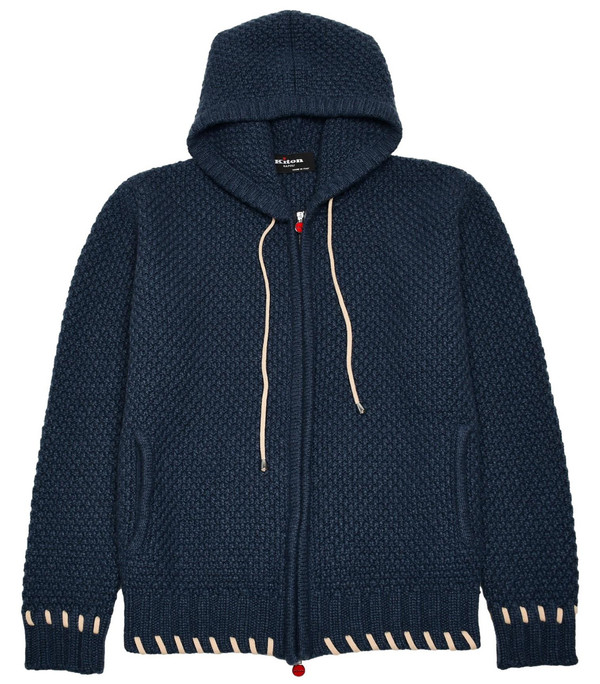 Kiton Napoli Blue Cashmere Hoodie Full Zip Sweater
