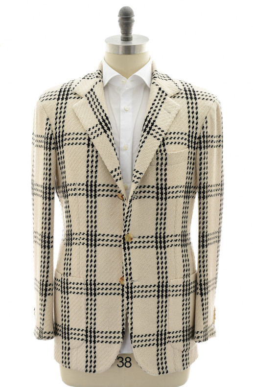 Kiton Napoli Beige Black Plaid Cashmere Silk Wool Sport Coat