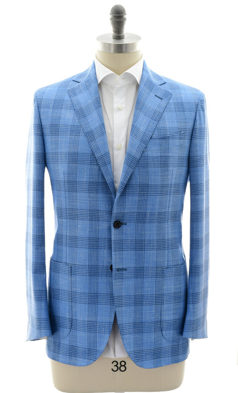 Sartorio Blue Plaid Wool Silk Linen Sport Coat