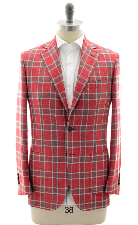 Sartorio Napoli Red Gray Plaid Cashmere Silk Sport Coat