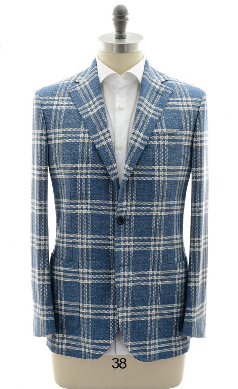 Sartorio Napoli Blue Plaid Wool Silk Cotton Blend Sport Coat