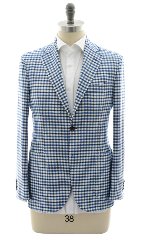 Sartorio Blue White Check Wool Silk Cotton Blend Sport Coat