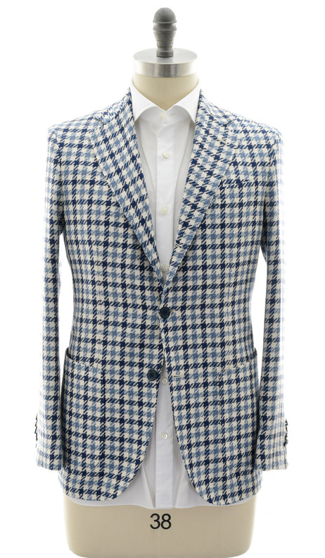 Sartorio Blue White Check Silk Linen Cotton Sport Coat