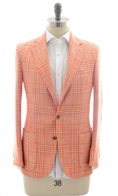 Sartorio Napoli Orange Plaid Wool Cotton Silk Linen Sport Coat