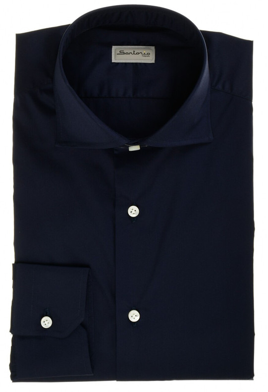Sartorio Napoli Dark Midnight Navy Blue Cotton Stretch Poplin Dress Shirt