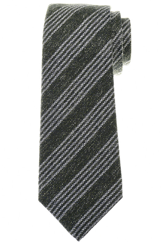 Kiton Napoli Green Gray Stripe Silk Linen Wool Tie