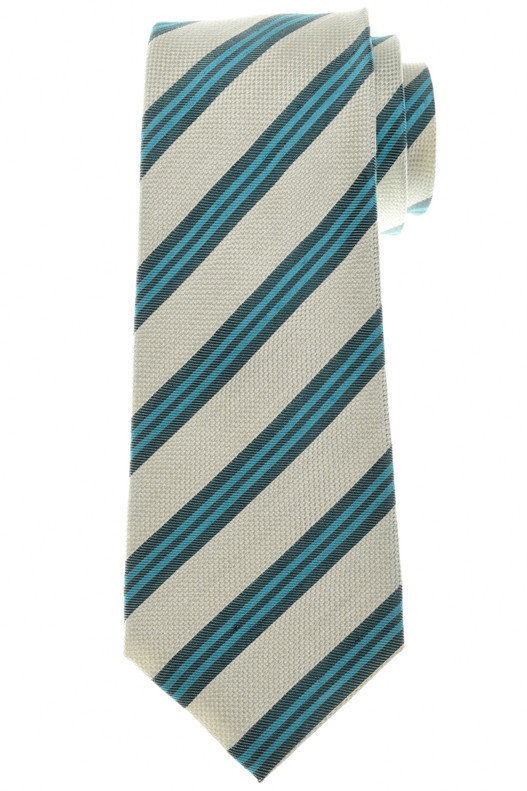 Kiton Napoli Turquoise Blue Gray Stripe Silk Linen Tie