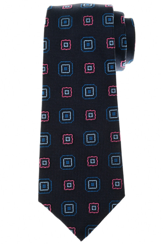 Kiton Napoli Dark Navy Blue Pink Aqua Medallion Silk Tie