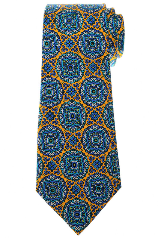 Kiton Napoli Orange Purple Aqua Blue Medallion Silk Tie