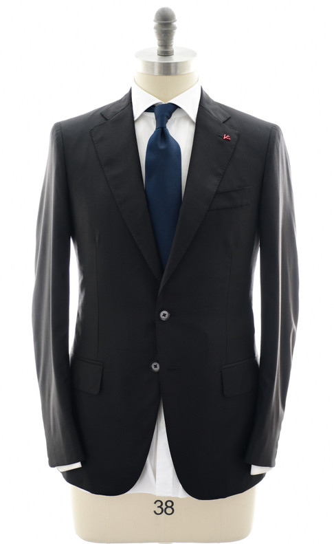 Isaia Napoli Black Micro Herringbone 100% Wool Suit