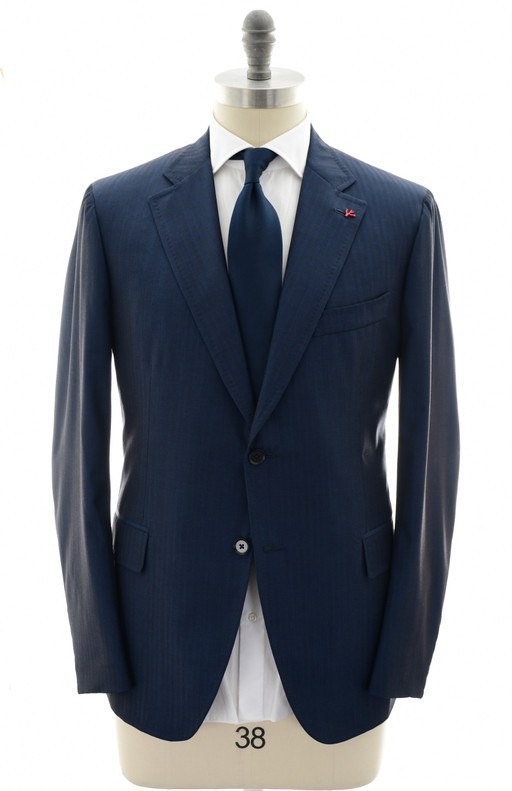 Isaia Napoli Dark Blue Herringbone 100% Wool Suit