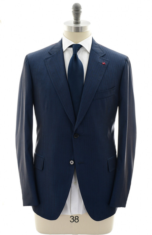 Isaia Napoli Dark Blue Herringbone 100% Wool Suit