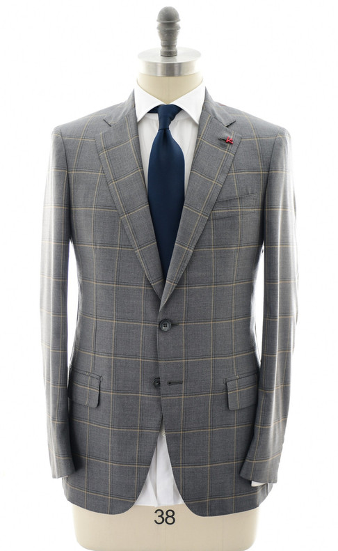Isaia Napoli Gray Camel Windowpane 100% Wool Suit