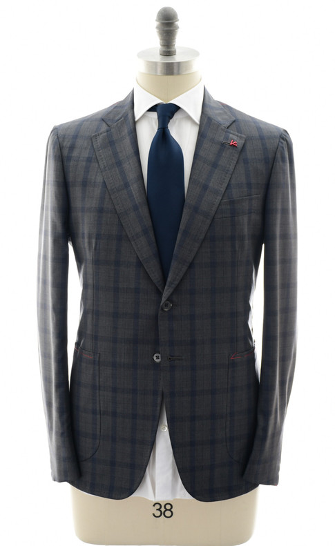 Isaia Napoli Gray Blue Plaid 100% Wool Suit