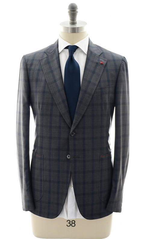 Isaia Napoli Gray Blue Plaid 100% Wool Suit