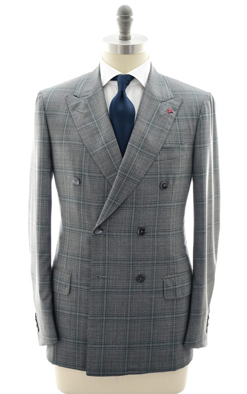 Isaia Napoli Gray Green Plaid 100% Wool Suit