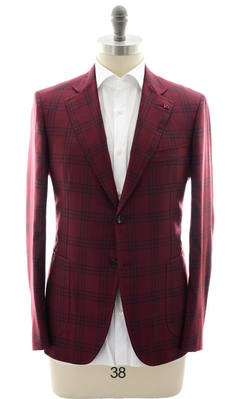 Isaia Napoli Red Bordeaux Blue Plaid 100% Cashmere Sport Coat