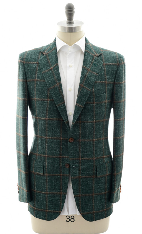 Kiton Green Brown Windowpane Wool Silk Cotton Sport Coat