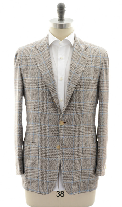Kiton Brown Blue Plaid Wool Cashmere Silk Linen Sport Coat