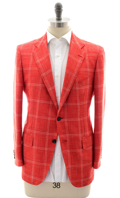 Kiton Napoli Red Windowpane Cashmere Wool Silk Linen Sport Coat