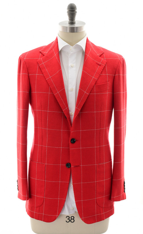 Kiton Napoli Red Windowpane Cashmere Linen Sport Coat