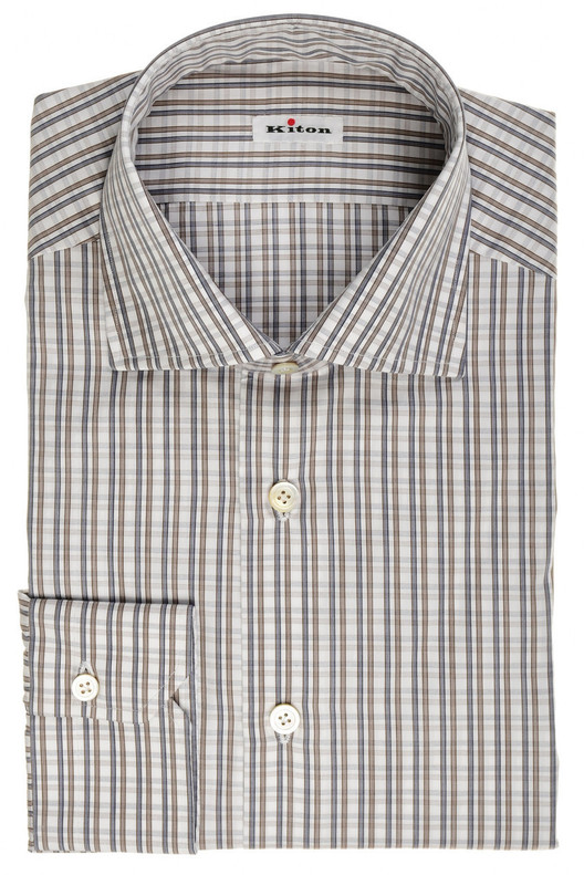 Kiton Napoli Navy Blue Brown Check Fine Cotton Men's Italian Dress Shirt