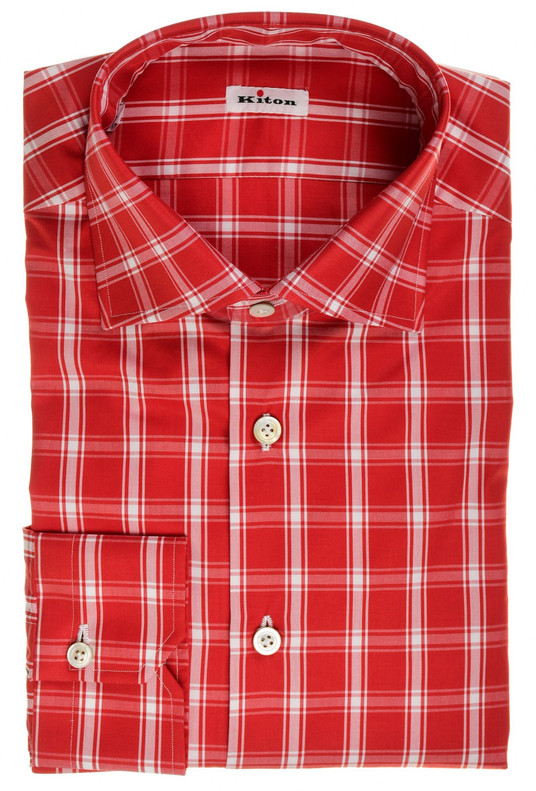 Kiton Napoli Red White Plaid Fine Cotton Men's Italian Dress Shirt