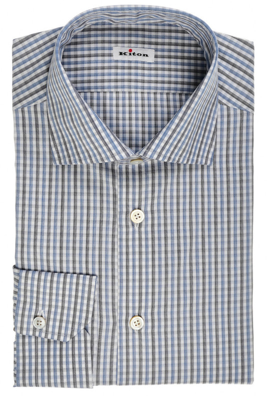 Kiton Napoli Blue Black Check Superfine Cotton Men's Italian Dress Shirt