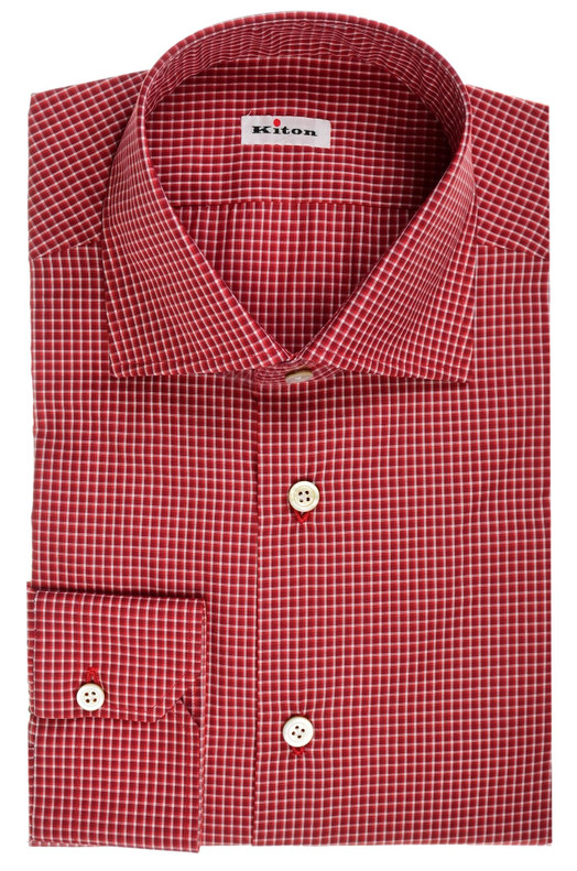Kiton Napoli Red Burgundy Check Superfine Cotton Men's Italian Dress Shirt