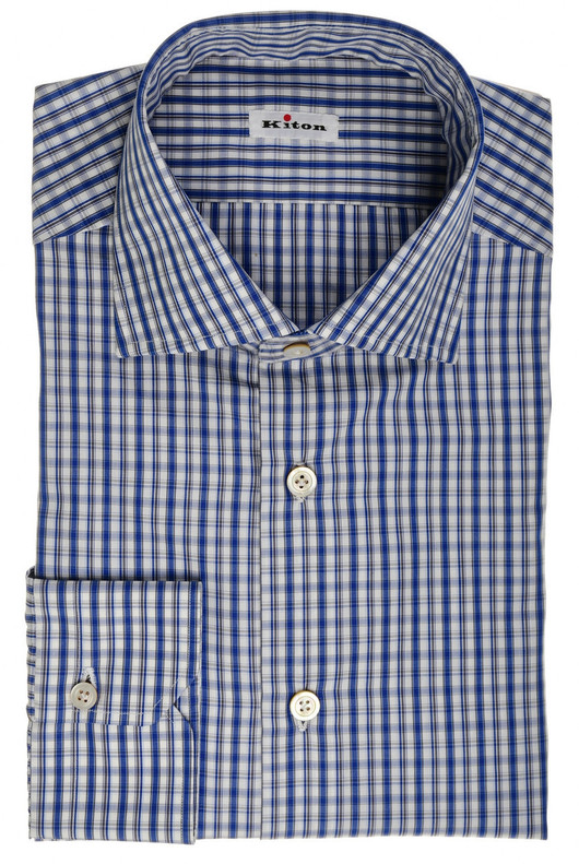 Kiton Napoli Blue Gray Check Superfine Cotton Men's Italian Dress Shirt