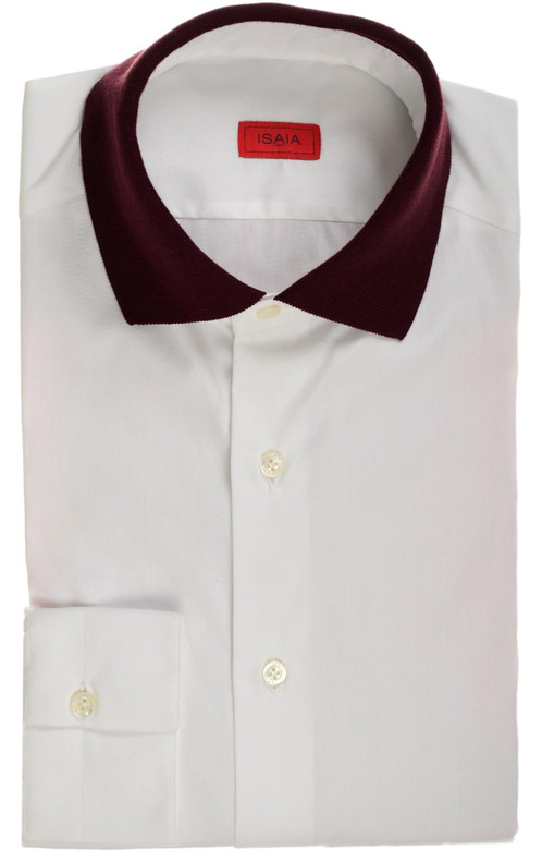 Isaia Napoli White With Burgundy Polo Collar Cotton Sport Shirt