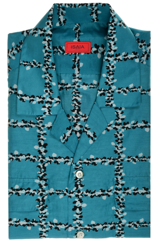 Isaia Napoli Teal Blue Print Cotton Silk Camp Collar Sport Shirt