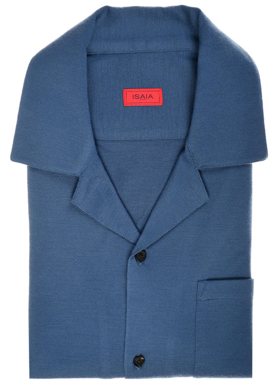Isaia Napoli Blue Ultra Soft Wool Knit Camp Collar Sport Shirt