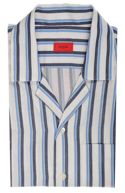 Isaia Napoli Blue White Stripe Cotton Silk Camp Collar Sport Shirt