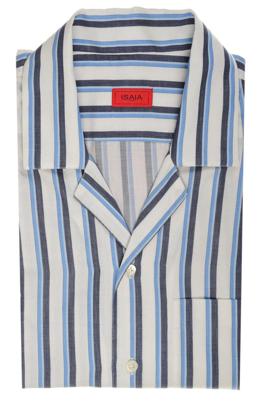 Isaia Napoli Blue White Stripe Cotton Silk Camp Collar Sport Shirt