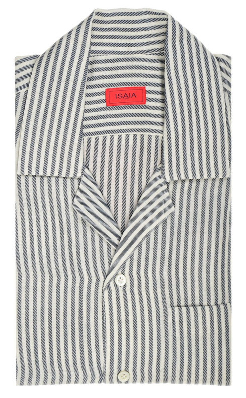 Isaia Napoli Blue Stripe Cotton Cashmere Camp Collar Sport Shirt