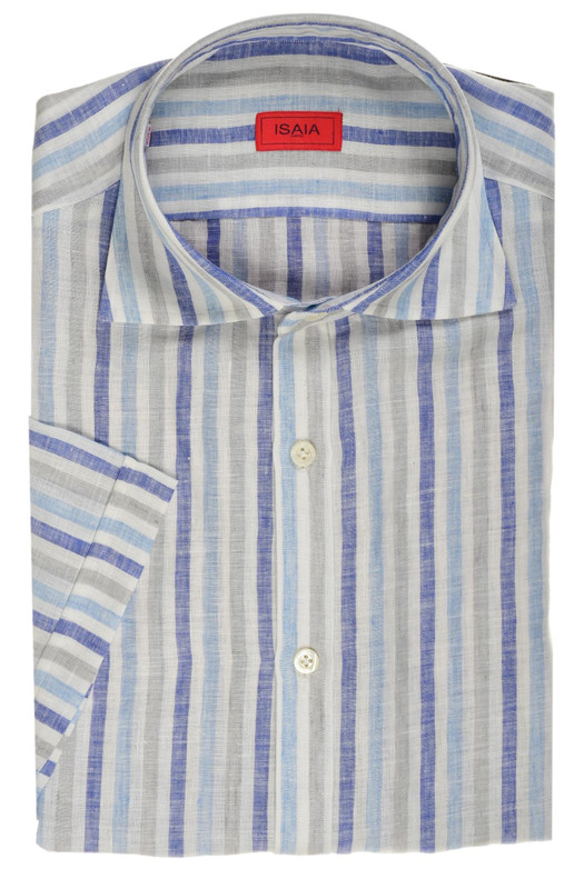 Isaia Napoli Blue Gray White Stripe Linen Spread Collar Italia Sport Shirt