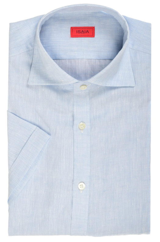 Isaia Napoli Light Blue Linen Spread Collar Italia Sport Shirt