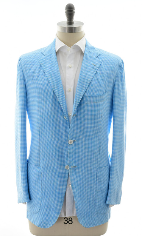 Kiton Napoli Aqua Blue White Check Linen Cotton Sport Coat