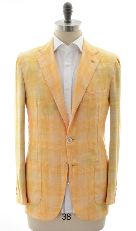 Kiton Napoli Yellow White Plaid Cashmere Wool Silk Linen Sport Coat