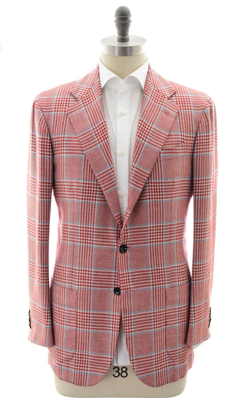 Kiton Napoli Red Blue Plaid Wool Cashmere Silk Linen Sport Coat