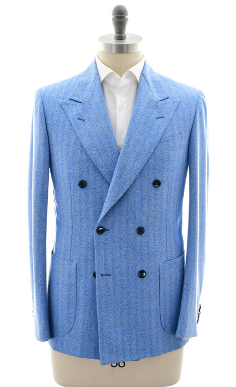 Sartorio Napoli Blue Herringbone Wool Double Breasted Sport Coat