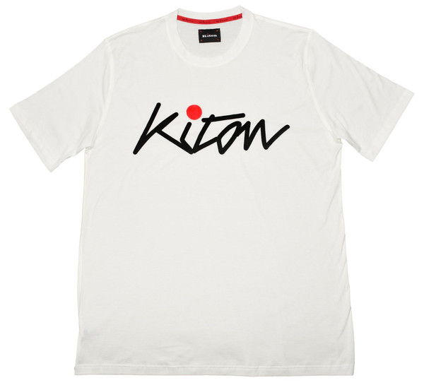 Kiton Napoli White Solid With Velvet Big Logo Cotton T-Shirt