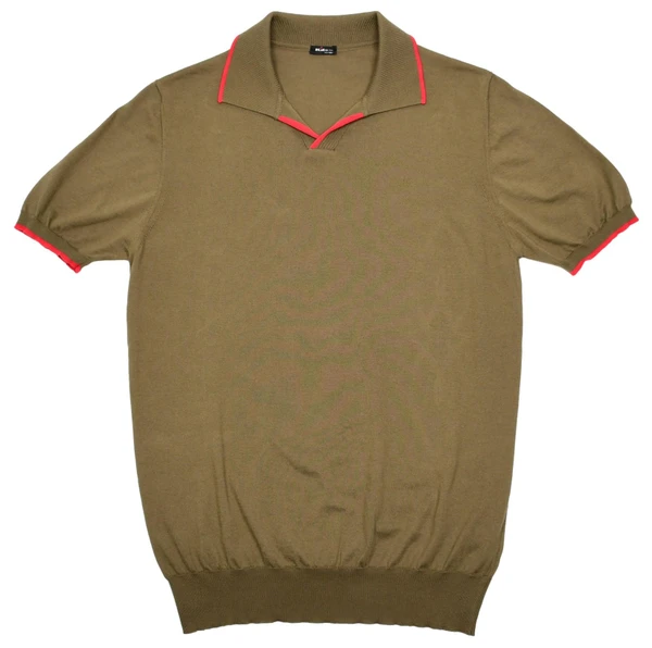 Kiton Napoli Green Red Fine Cotton Knit Open Polo Collar