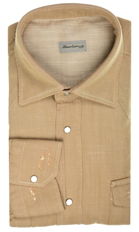 Sartorio Napoli Khaki Brown Cotton Texas Western Denim Sport Shirt