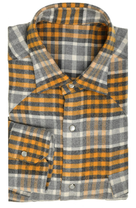 Sartorio Napoli Yellow Gray Plaid Soft Cotton Flannel Texas Western Sport Shirt
