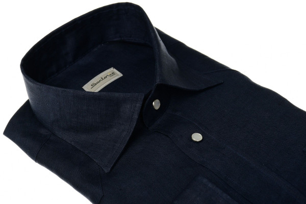 Sartorio Napoli Texas Linen Shirt Size 15 1/2 Dark Navy Blue