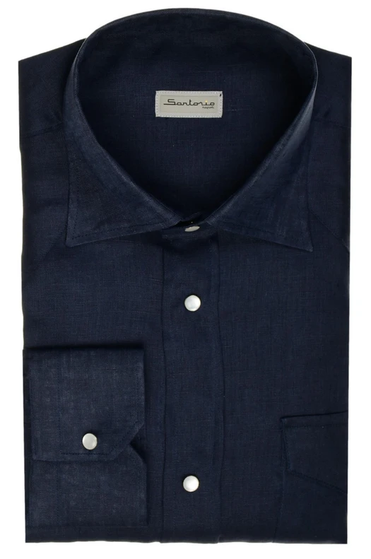 Sartorio Napoli Dark Navy Blue Texas Western Linen Sport Shirt
