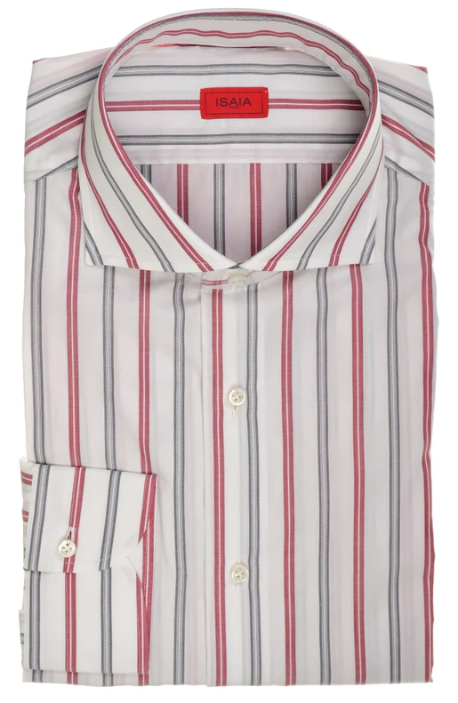 Isaia Napoli Mix Dress Shirt Burgundy Gray White Stripe Cotton Spread Collar