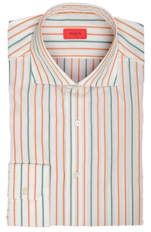 Isaia Napoli Mix Dress Shirt Orange Green White Stripe Cotton Spread Collar